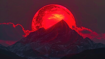 Photo of nature with a large mountain and a summer sunset featuring a large red sun against a dark sky