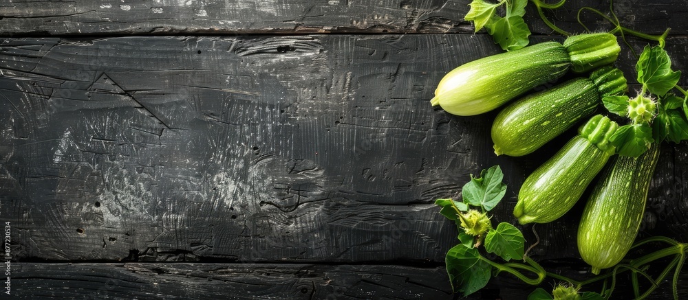 Fototapete fresh squash marrow zucchini displayed on a rustic black wooden table captured from a top view provi