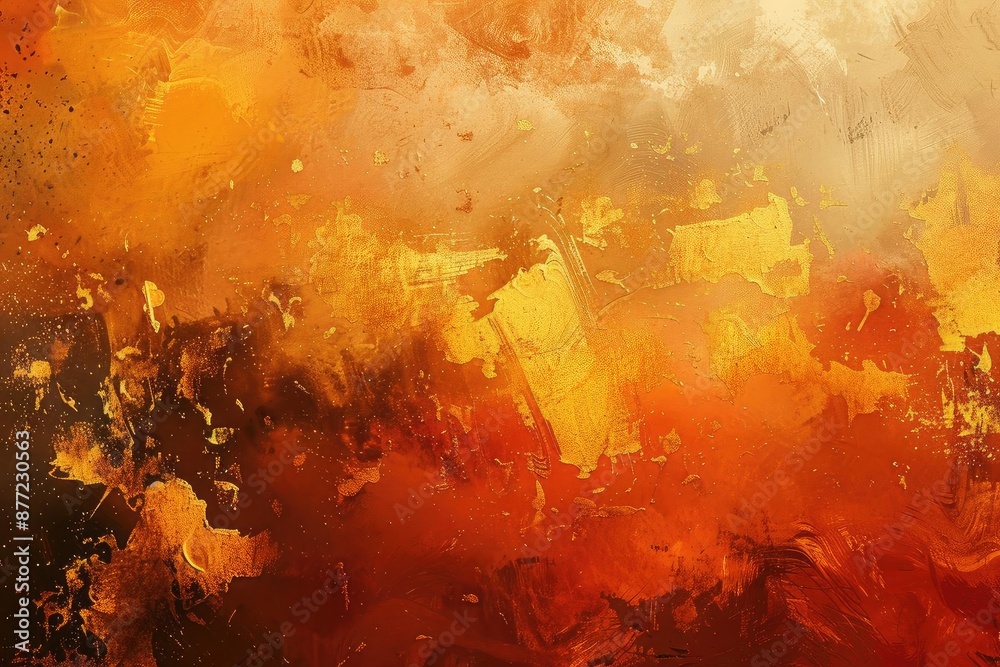 Poster abstract painting in warm tones with a blend of orange, yellow, and red, capturing a dynamic and vib