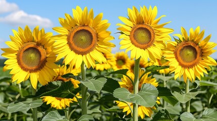 Fototapeta premium Beautiful sunflowers in morning haze in nature isolated in background, fresh flower gardening and beautiful floral summer in background