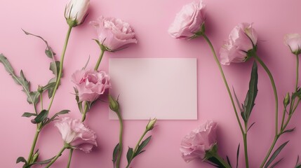 Obraz premium Pink eustoma bouquet on pink background with card