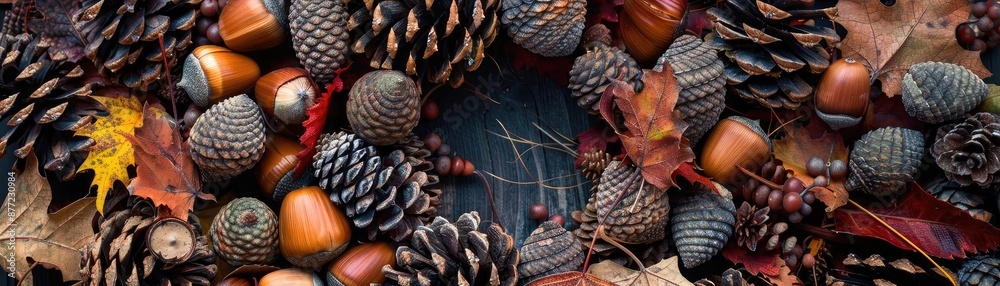Aufkleber top view of autumn composition with pinecones, acorns, and colorful leaves arranged on a rustic wood