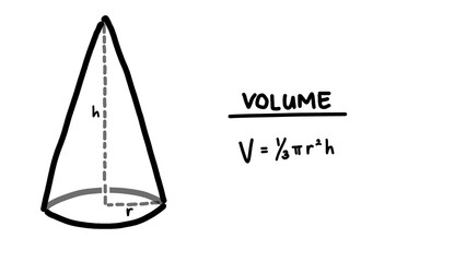 Hand writing illustrations about volume formula of cone. Basic geometry equation. Mathematics formulas.