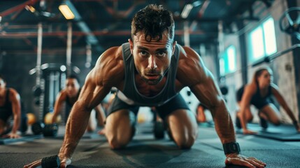 A high-intensity interval training class in a modern gym, with participants performing burpees under the guidance of an energetic man instructor.