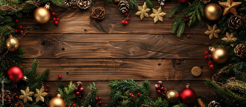 Poster Wooden background adorned with Christmas decorations creating a festive scene with copy space image