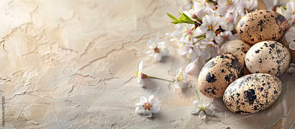 Poster Easter themed postcard design featuring quail eggs nestled on a light beautiful surface with empty space for text or images. with copy space image. Place for adding text or design