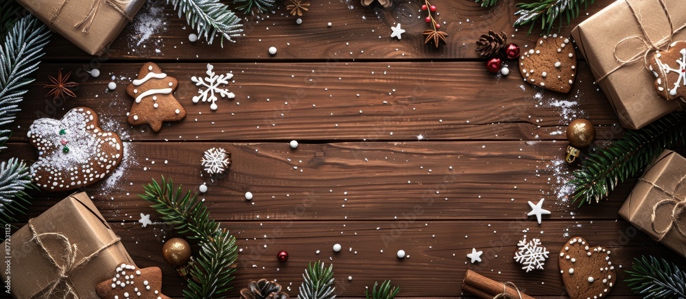 Poster top view of a christmas themed wooden backdrop featuring a snow dusted fir tree gingerbread cookies 