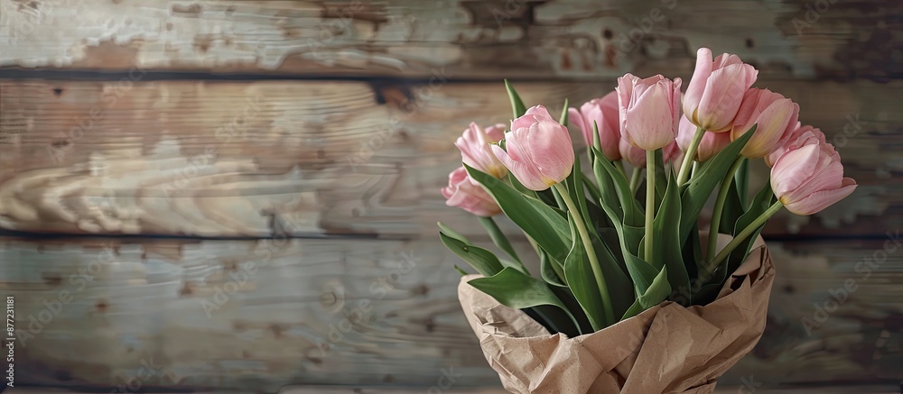 Poster Pink tulips in craft paper against a rustic backdrop convey a sign of affection with copy space image