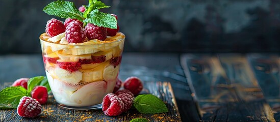 A scrumptious yogurt dessert with layers of applesauce raspberries and banana topped with mint and served in a glass Perfect for a copy space image