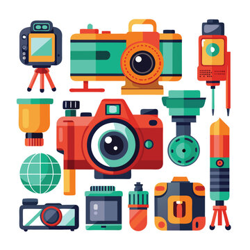 The workshop space is filled with an array of vintage cameras from box cameras to old folding cameras showcasing the evolution of photography. Vector illustration