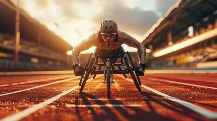 An athlete in a wheelchair racing on a track, demonstrating determination and athleticism in adaptive sports.