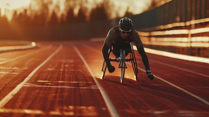An athlete in a wheelchair racing on a track, demonstrating determination and athleticism in adaptive sports.