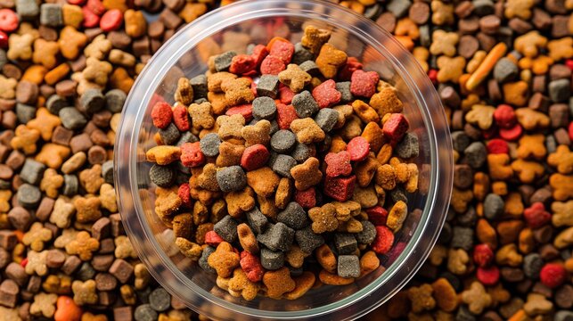 Plastic bowl with pet food amidst cat and dog kibble