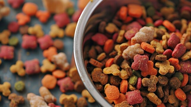 Plastic bowl with pet food amidst cat and dog kibble