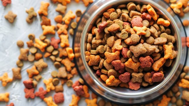 Plastic bowl with pet food amidst cat and dog kibble