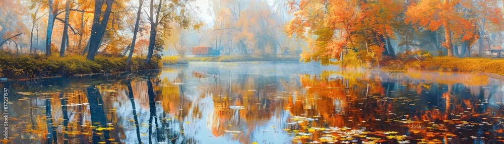 Poster Beautiful autumn landscape with colorful trees reflecting in a calm lake, creating a serene and picturesque scene in the countryside.