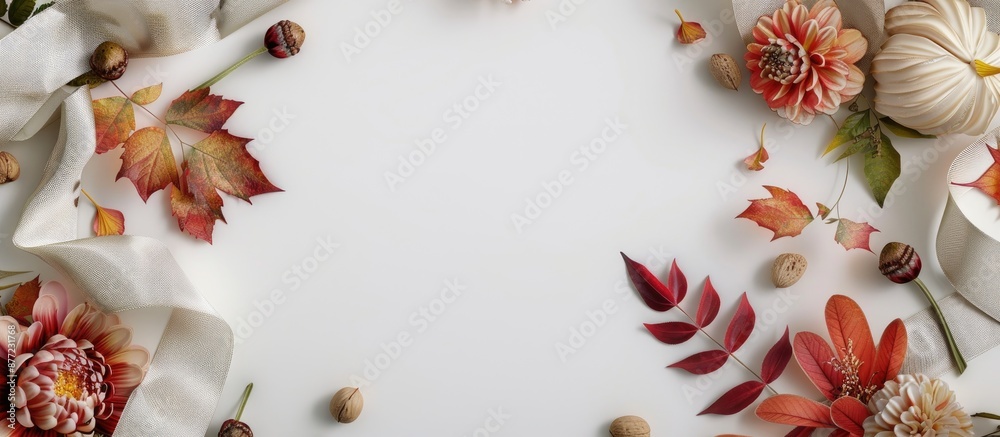 Aufkleber Autumn themed card mockup featuring leaves flowers a ribbon and nuts on a white background ideal for various invitation designs and projects incorporating a generous copy space image
