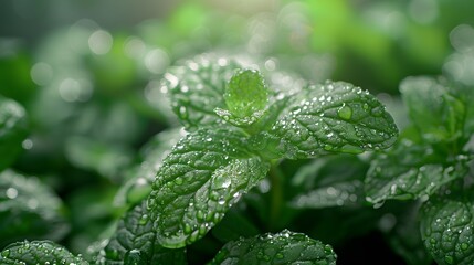 Fresh mint leaves with sparkling water droplets, set against a vibrant green and subtle gray background, emphasizing the freshness and aromatic properties of the herb.