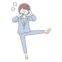 怒って蹴りを入れるスーツの女性のイラスト