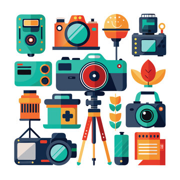 The workshop space is filled with an array of vintage cameras from box cameras to old folding cameras showcasing the evolution of photography. Vector illustration