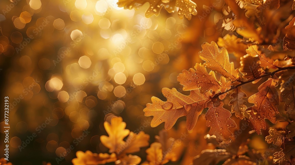 Aufkleber golden autumn leaves bathed in warm sunlight, creating a picturesque and serene fall scene with boke
