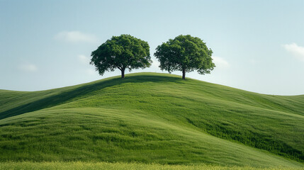 Obraz premium Minimalistic landscape, alternating green and white fields, two lone trees,