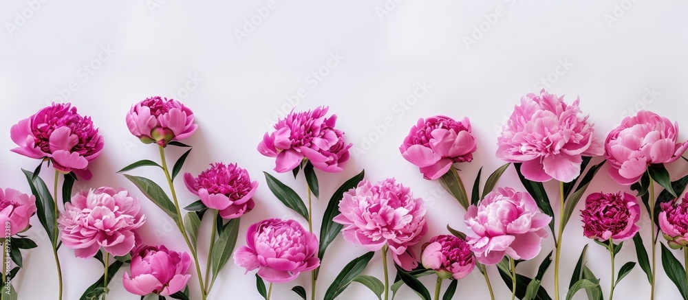 Poster a stunning arrangement of vibrant pink peonies displayed on a clean white backdrop in a flat lay sty