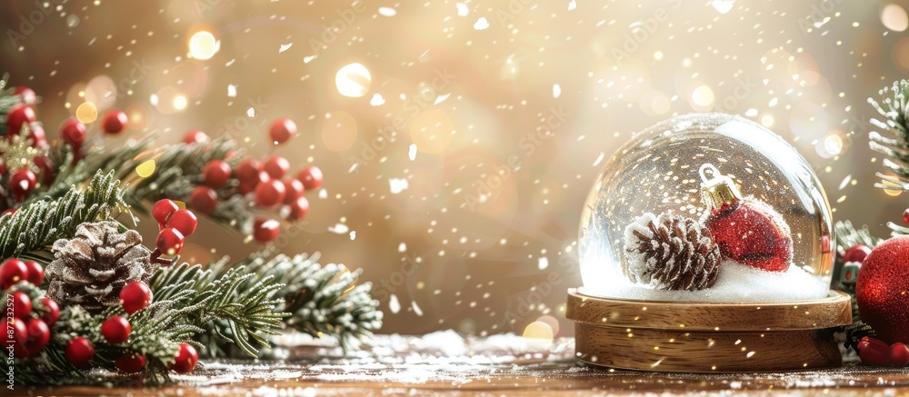 Aufkleber christmas decorations and a handmade snow globe displayed on a wooden table with copy space image