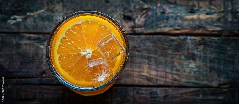 Aufkleber Top view of a cool glass of orange juice with ice on a dark wooden surface featuring ample space for additional elements in the image