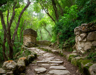Obraz premium Stone path in the green forest with a view of the temple.