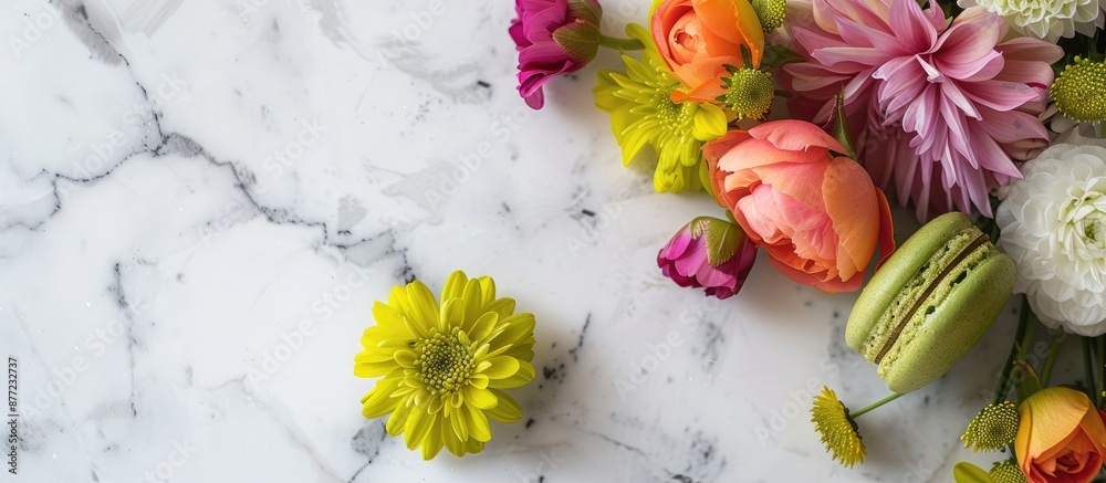 Aufkleber a green macaron sits beside vibrant flowers on a white marble table allowing for a text to be added 