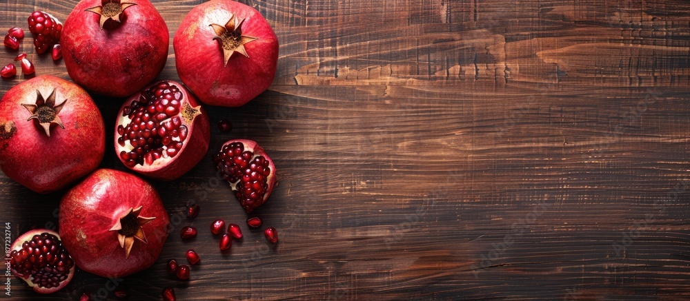 Poster A flat lay display with fresh pomegranates and room for text on a wooden surface. with copy space image. Place for adding text or design