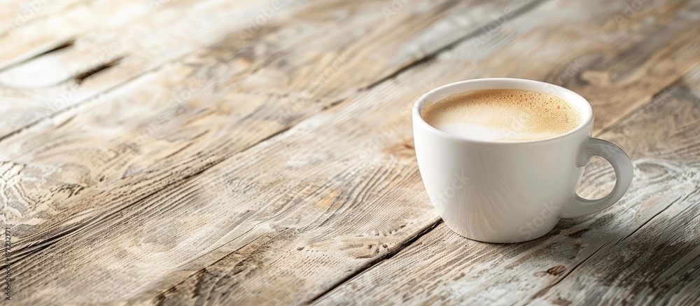 Leinwandbilder coffee with milk in a white cup placed on a wooden surface with space for text or images. with copy 