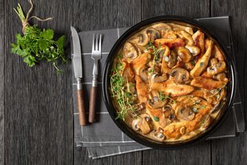 chicken stroganoff in a baking dish, top view
