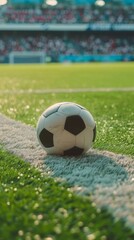 Fototapeta premium Close-Up View of a Soccer Ball Bouncing on Green Field in Stadium, with Packed Spectator Stands in the Background. Capturing the Excitement of a Live Football Match in High-Definition AI-Generated Wal