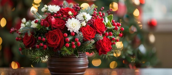 Christmas flower composition featuring red roses white chrysanthemums and berries in a vase on a table creating a festive ambiance with copy space image