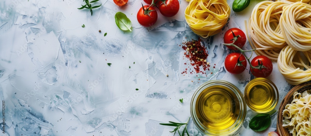 Poster assorted raw italian pasta displayed on a white table with herbs olive oil and tomatoes for cooking 