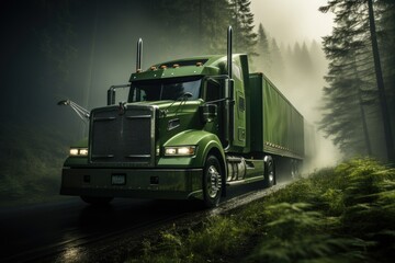 Green transport truck is traveling through a foggy green meadow in the morning, generative IA