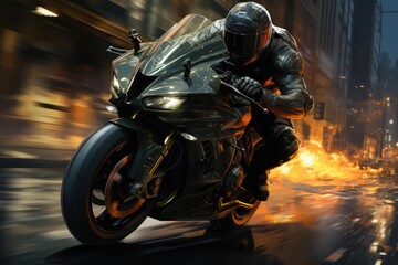 Black Sport Bike Digital Illustration Painting Art, generative IA