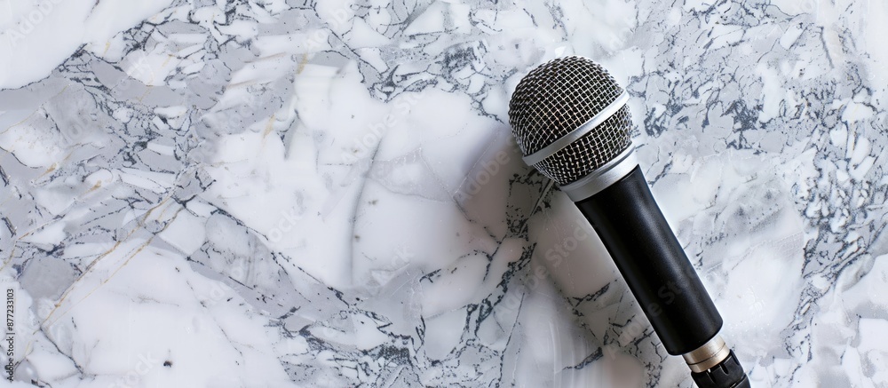 Aufkleber Top view of a contemporary microphone on a marble background with ample copy space image