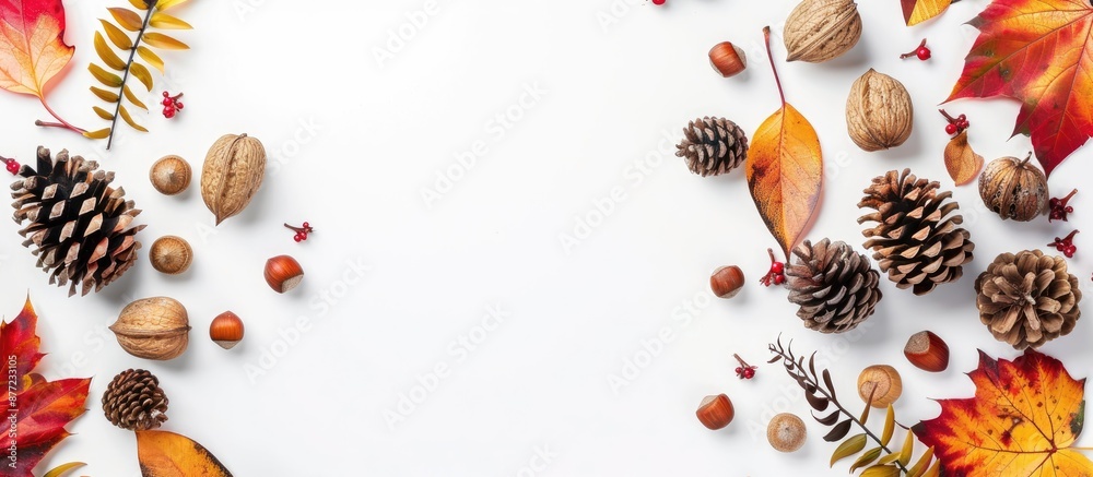 Fototapete Top view of a lovely autumn arrangement with colorful leaves pine cones and nuts on a white background ideal for adding text or images. with copy space image. Place for adding text or design