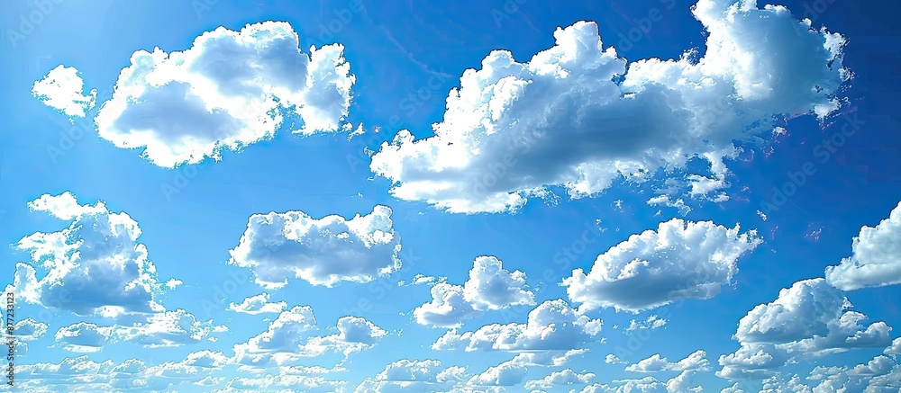 Poster a serene scene of a clear blue sky with fluffy white clouds suitable for use as a copy space image