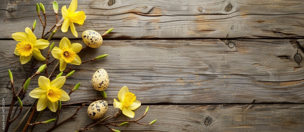 Poster easter themed decor featuring magnolia branch and yellow daffodils on a wooden backdrop with copy sp