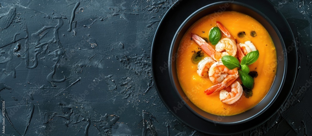 Poster Shrimp and cream top a pumpkin or carrot soup bowl on a black backdrop in a flat lay style with copy space for custom text or design