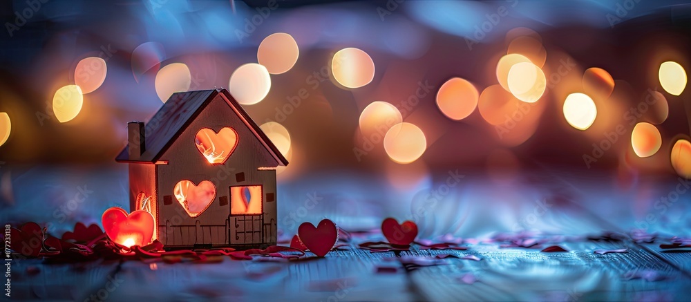 Poster Valentine s Day themed toy house with illuminated windows on a background featuring a space for additional image or text