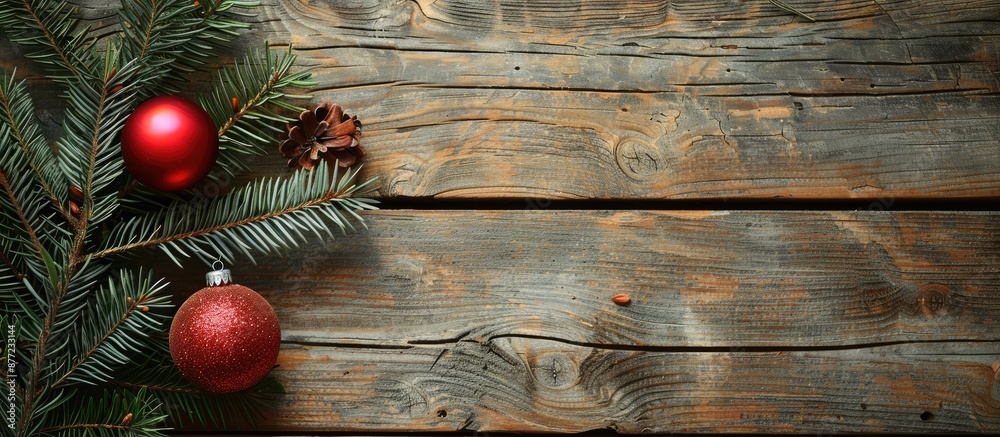 Poster rustic wooden board with a christmas fir tree decorated with a red ornament perfect for a copy space
