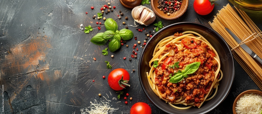 Poster savory minced beef and tomato sauce spaghetti bolognaise bolognese displayed on an office table for 