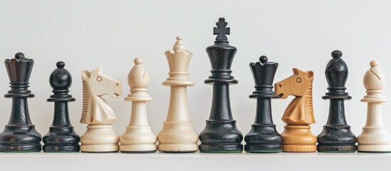 Chess pieces on a white surface with a strategic theme allowing for plenty of copy space in the image