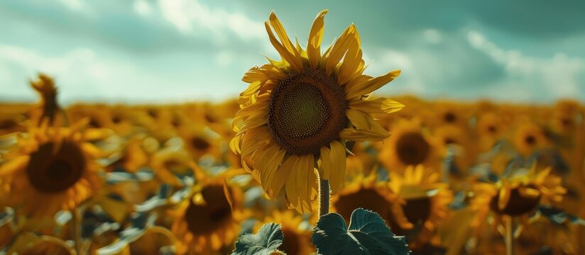 Close up of a single sunflower wilted set against a backdrop of a sunflower field with a spacious area for text or other images. with copy space image. Place for adding text or design