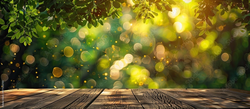 Aufkleber Green tree bokeh creates an abstract blur background on a wooden table with a copy space image